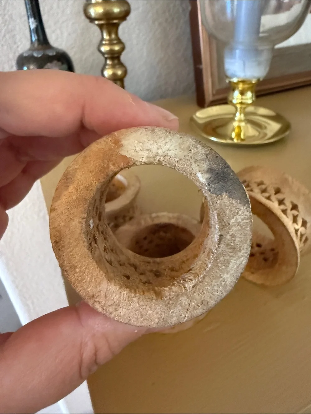 Handcrafted Carved Wooden Napkin Rings - Beige